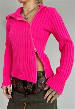 Vintage Y2k Knit Jumper Diagonal Double Zip Cardigan Neon