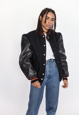 VINTAGE 90S BLACK AND RED COLLEGE VARSITY JACKET