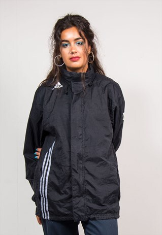 90'S VINTAGE BLACK ADIDAS THREE STRIPE CAGOULE JACKET