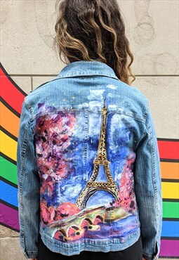 Paris Eiffel Tower Handpainted Vintage Denim Jacket M