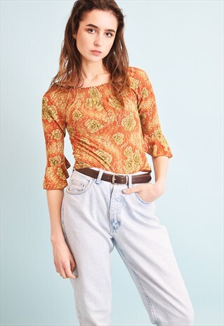 90'S RETRO FLORAL PRINT SHIMMERIG KITSCH PARTY TOP BLOUSE