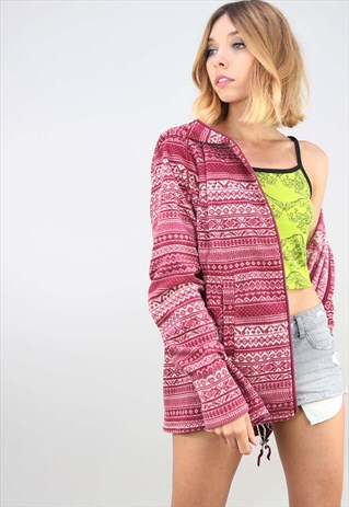 VINTAGE OVERSIZED PATTERNED ZIP UP FESTIVAL FLEECE HOODIE