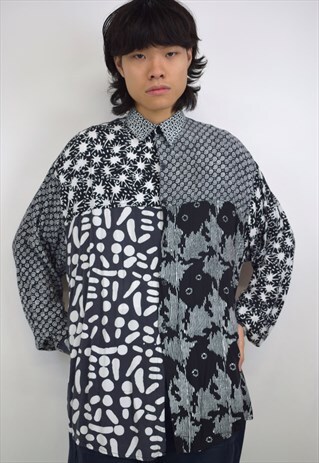 VINTAGE 90S BLACK/WHITE MIXED PATTERN PRINT SHIRT