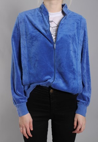 VINTAGE 80S BLUE CRUSHED VELVET PLEAT FRONT TRACK JACKET