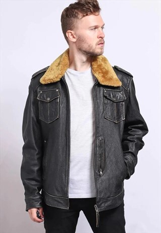 VINTAGE LEATHER AVIATOR JACKET BLACK