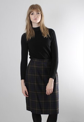 VINTAGE 80S TARTAN CHECK WOOL PENCIL SKIRT