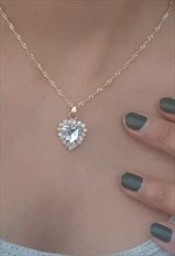 Silver Rhinestone Sparkly Heart Pendant Necklace