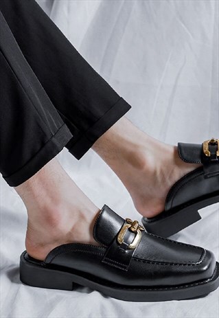 CHAIN MULES UNUSUAL LOAFERS FAUX LEATHER SLIPPERS IN BLACK