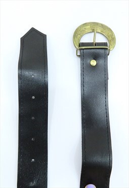 70s Vintage Black Leather Floral Buckle Belt (Size S-M)