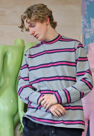 Grey n Pink n Blue Stripe Crew Neck 