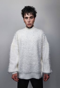 Fluffy sweater shaggy long hair jumper going out top white