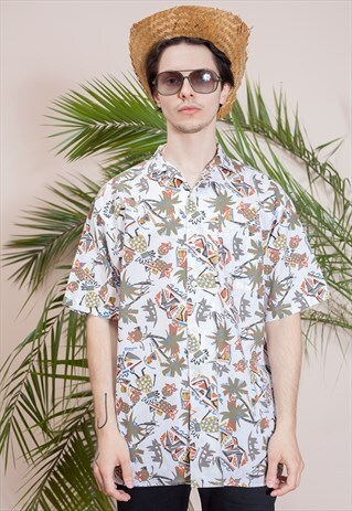 MENS VINTAGE SHORT SLEEVE, ABSTRACT, PRINT, BUTTON UP SHIRT