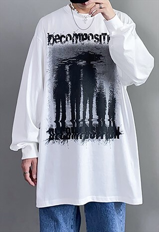 WHITE GRAPHIC OVERSIZED LONG SLEEVE T SHIRT TEE Y2K