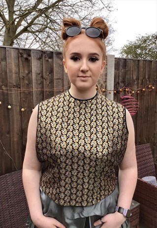 VINTAGE 60S MOD GOLD FLORAL CROP FITTED BLOUSE