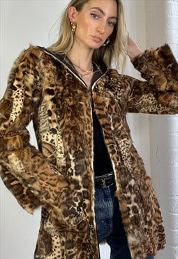 Vintage Y2k Leopard Print Hooded Fur Jacket Dual Zip Grunge
