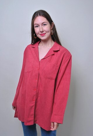 MINIMALIST RED BLOUSE, VINTAGE LONG SLEEVE BUTTON UP SHIRT