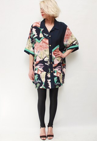 VINTAGE 60' AMAZING BEAUTIFUL FLOWER NAVY BLUE LONG SHIRT