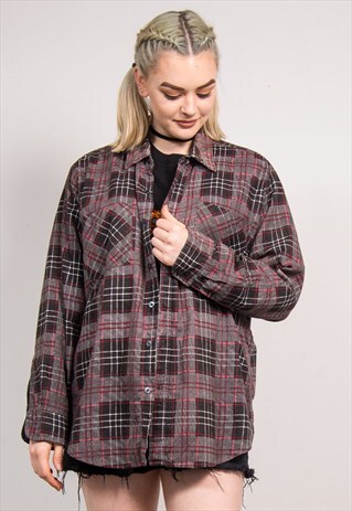 90'S VINTAGE CHECK PATTERN GRUNGE FLANNEL SHIRT