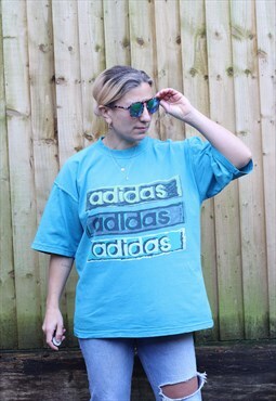 Vintage 1990s Rare Adidas spellout oversized t shirt in aqua