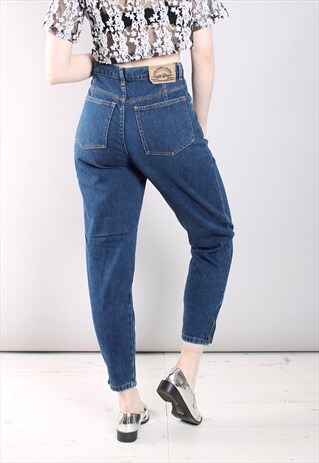 VINTAGE 80S BLUE CROPPED ZIP ANKLE HIGH WAISTED MOM JEANS