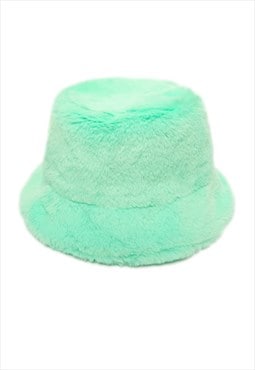 Festival faux fur bucket hat fluffy neon hat rave cap turq