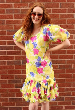 VINTAGE 80S MINI PARTY DRESS NEON YELLOW PINK FLORAL RUFFLES