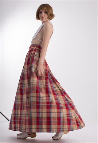 HIGH WAISTED PLAID VINTAGE LONG SKIRT