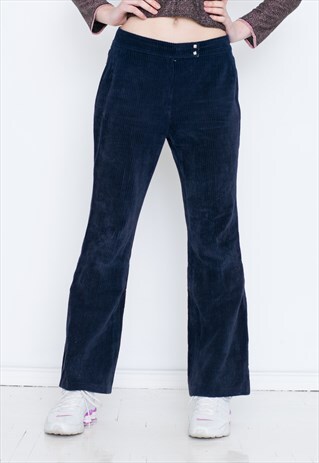 VINTAGE CORDUROY DARK BLUE WIDE LEG RETRO TROUSERS