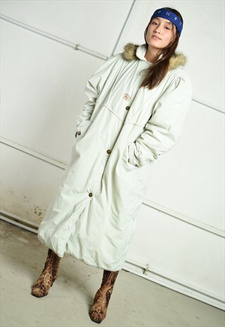 80'S RETRO PUFFER NEUTRAL LONGLINE PARKA COAT WITH FAUX FUR