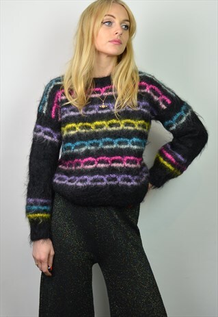 VINTAGE BLACK RAINBOW STRIPE CHUNKY MOHAIR CROPPED JUMPER