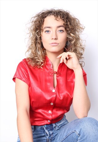 VINTAGE 90S RED SATIN CHINESE TOP