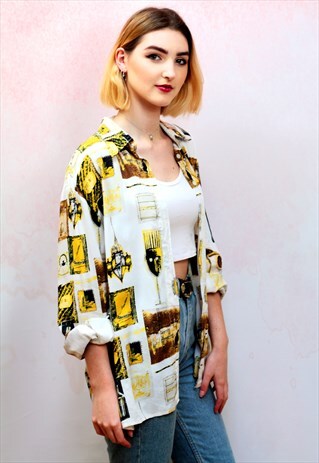 1990S VINTAGE YELLOW AND WHITE OVERSIZED VISCOSE SHIRT