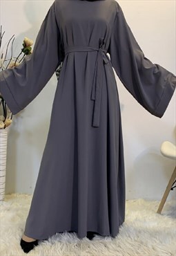 Grey Modest Belted Abaya Maxi Dress