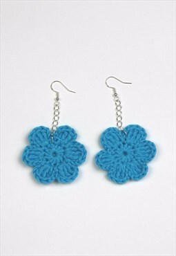 Turquoise Blue Crochet Drop Flower Earrings