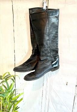 Vintage Black Leather Distressed 70's Cowboy Boots