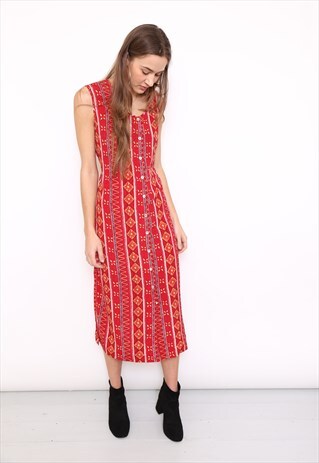 VINTAGE 90S RED PRINT MIDI DRESS