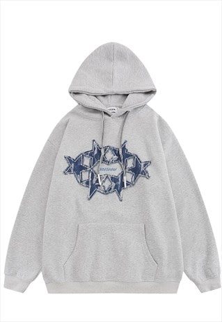 DENIM PATCH HOODIE SKATER PULLOVER STAR APPLIQUE TOP IN GREY