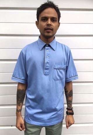 MENS VINTAGE 70S 80S FARAH POLO SHIRT LIGHT BLUE TSHIRT TOP