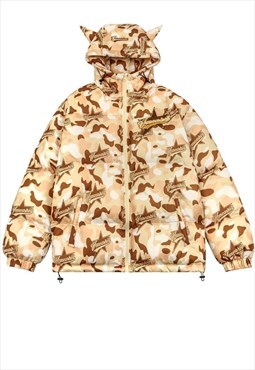 Devil horn jacket camo pattern bomber military puffer brown