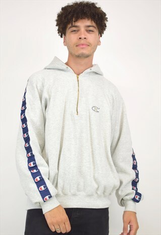 VINTAGE 90S CHAMPION 3/4 ZIP GREY LOGO ARMS HOODIE