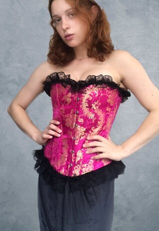 VINTAGE GOTH MOCK VICTORIAN PINK BROCADE BONED CORSET