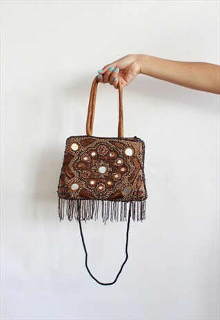 VINTAGE BROWN BOHO CHIC EMBROIDERY MINI FESTIVAL HAND BAG