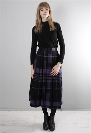 VINTAGE 80S BLACK PURPLE TARTAN CHECK PLEAT WOOL MIDI SKIRT