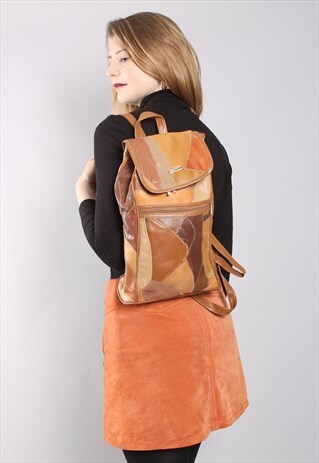VINTAGE 90S TAN PATCHWORK LEATHER BACKPACK