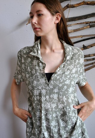 80S GREY FLOWERS SHIRT, VINTAGE SUMMER HOLIDAYS BLOUSE