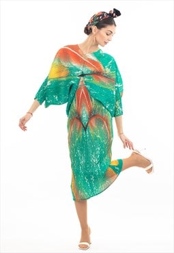 Multi Color's Scarf Pirnt Pleated Dress in Kimono sleeves