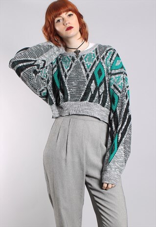 VINTAGE 80S CROPPED PATTERNED OVERSIZE JUMPER
