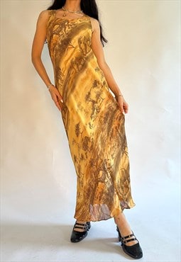 00s Animal Print Yellow Gold Brown Mesh Flowy Maxi Dress