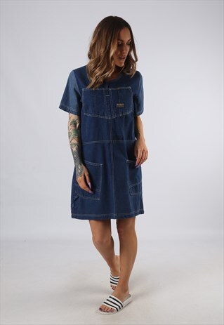 VINTAGE DENIM DRESS BICH REWORKED DUNGAREES UK 10 - 12 (DDH)