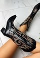 COWBOY BOOTS BLACK MID CALF WESTERN COWGIRL BOOTS - WIDE FIT